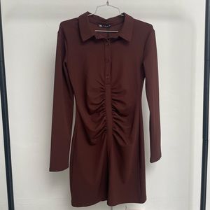 Zara Long Sleeve Button up Collared Ruched dress in Brown